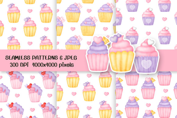Watercolor Cupcake Seamless Patterns Set
